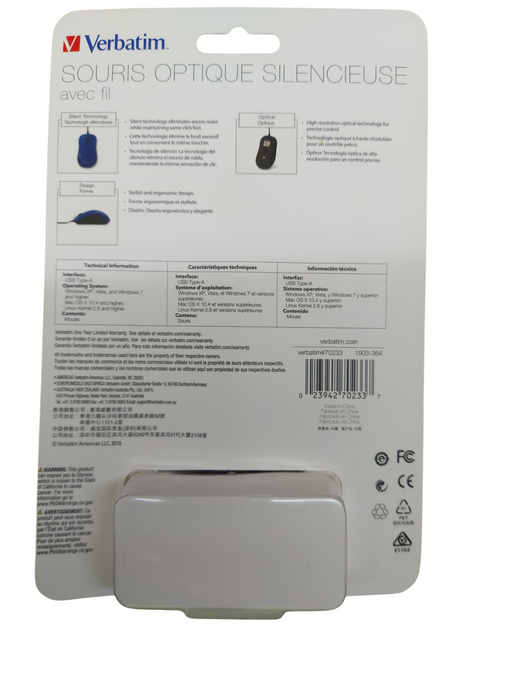 Lot 4x - Verbatim Silent Corded Optical Mouse - Blue