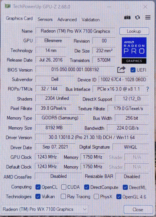 AMD Radeon Pro WX 7100 8GB GDDR5 Graphics Card | 4x DisplayPort