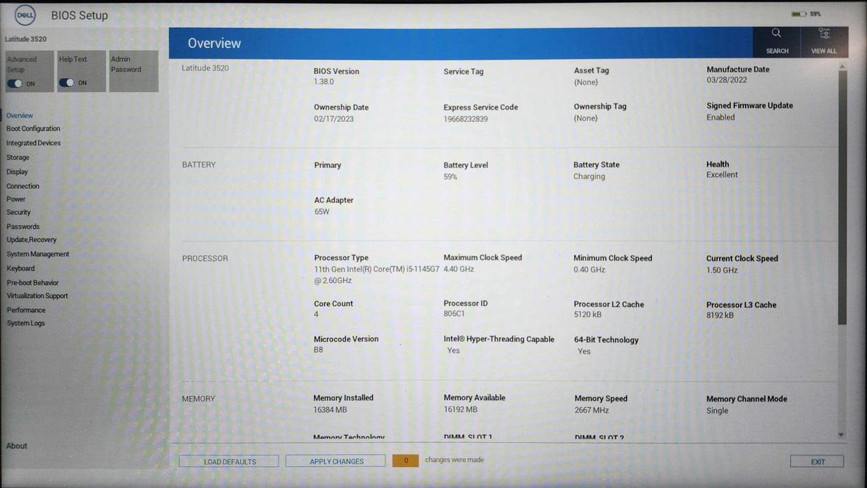 Dell Latitude 3520, i5-1145G7 2.60GHz, 16GB DDR4, 256GB NVMe, No AC  Lap200