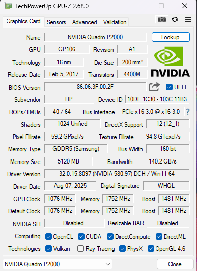 NVIDIA Quadro P2000 5GB GDDR5 Graphics Card | 4xDisplay Port