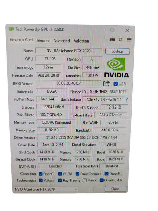 EVGA NVIDIA RTX 2070 8GB PCIE %