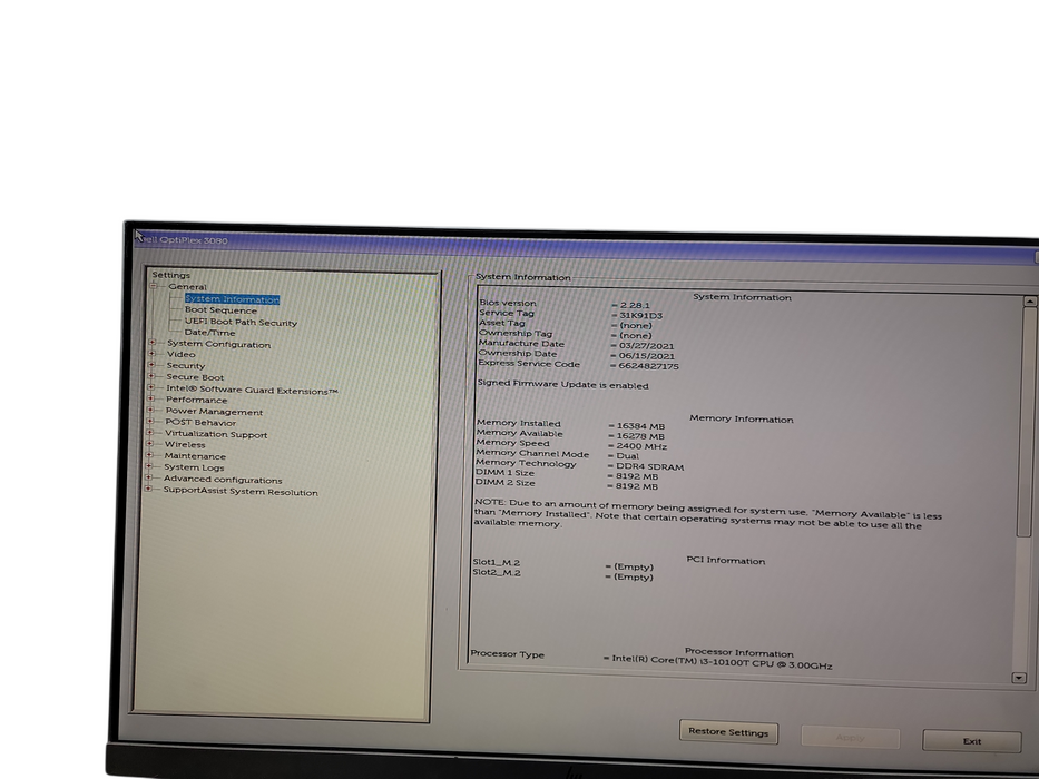 Dell OptiPlex 3080 Micro i3 - 10100T @ 3.00GHz 16GB DDR4 Ram NO HDD Qθ