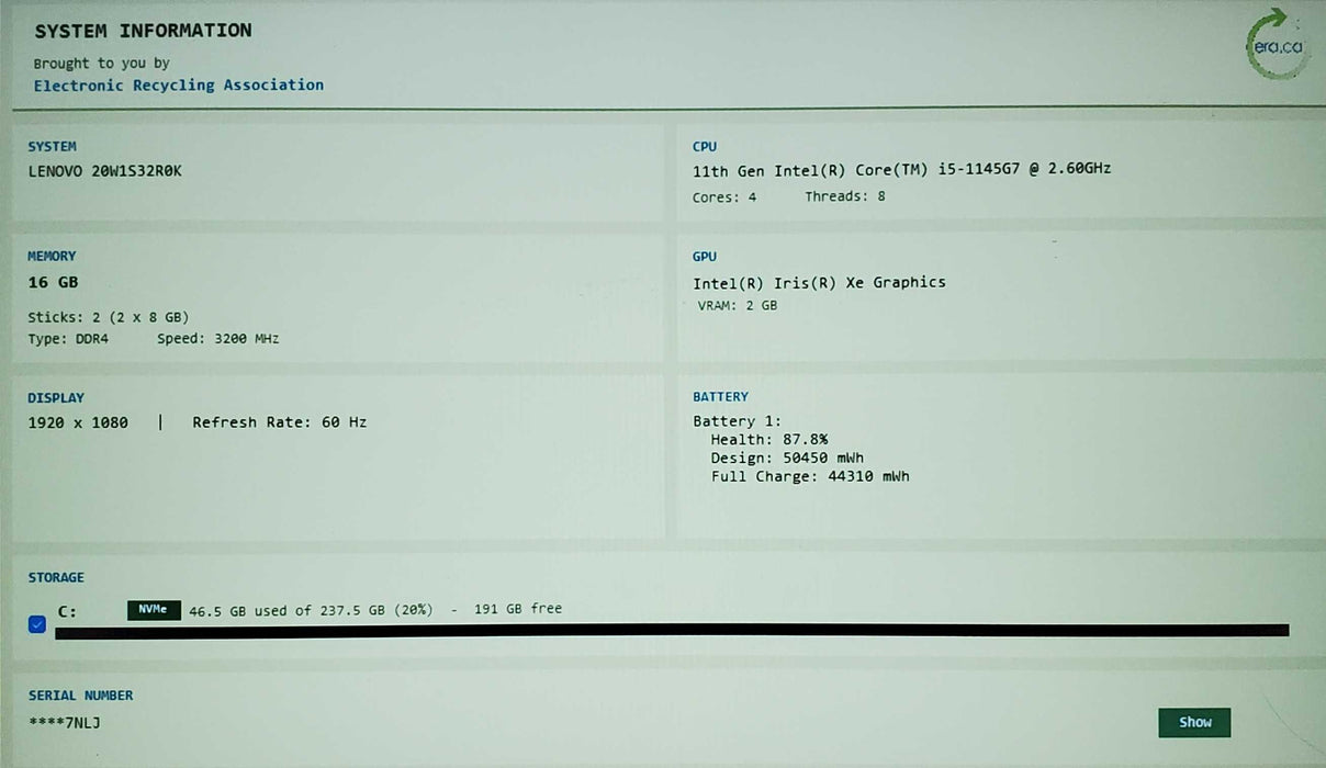 Lenovo ThinkPad T14 Gen 2 TOUCH Core i5-1145G7 vPRO 16GB RAM 256GB READ  Lap200
