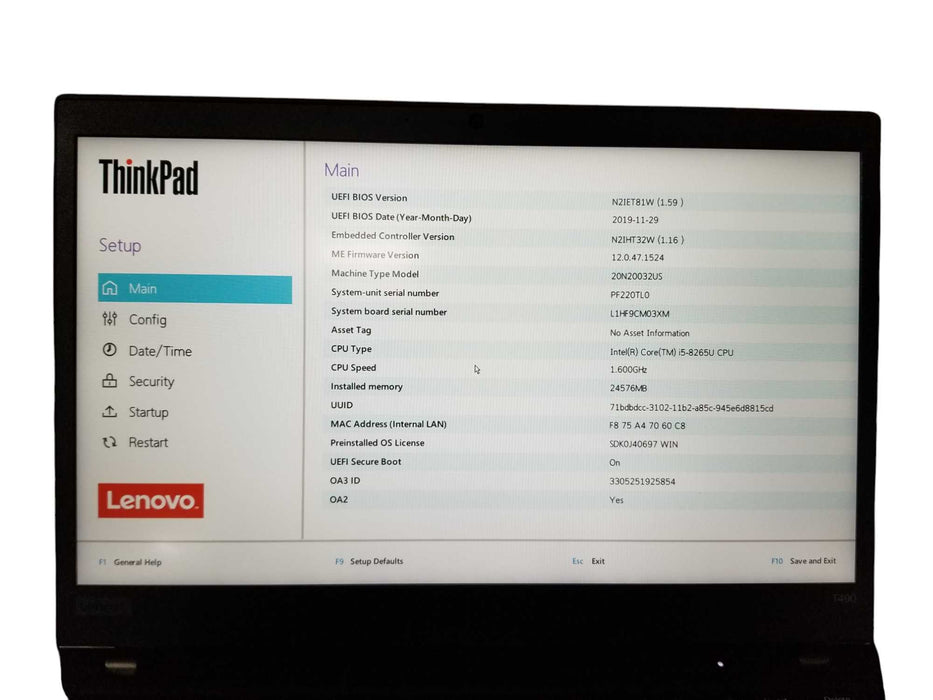 Lenovo ThinkPad T490 Intel Core i5-8265U 24GB DDR4 256GB NVMe  Lap200