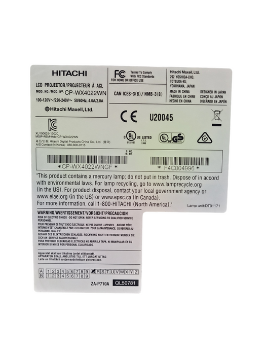 Hitachi CP-WX4022WN 4000 Lumen WXGA 3LCD Projector HD 1080p HDMI &