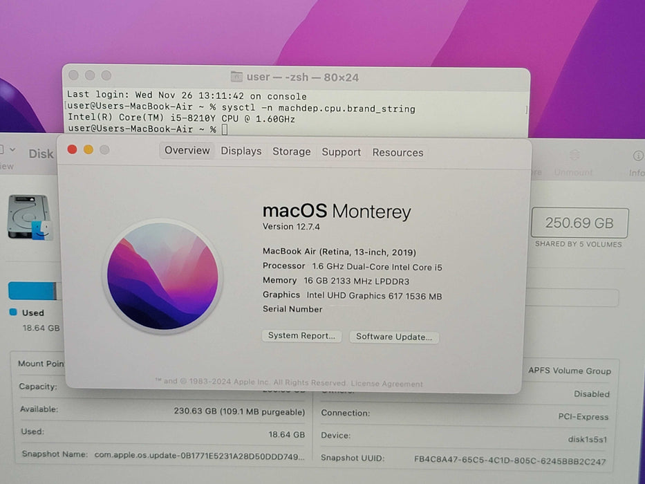 Apple Macbook Air 2019 13" 2-Core i5-8210Y @ 1.6GHz 16GB DDR3 250GB SSD
