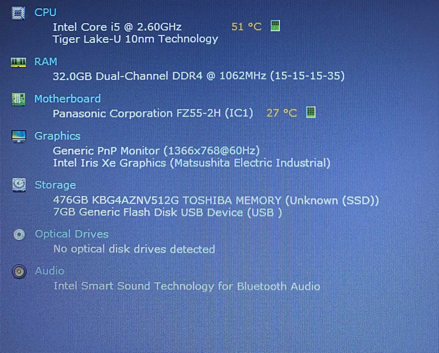 Panasonic ToughBook FZ-55 i5-1145G7@2.60GHz 32GB RAM 512GB SSD 1850Hrs.