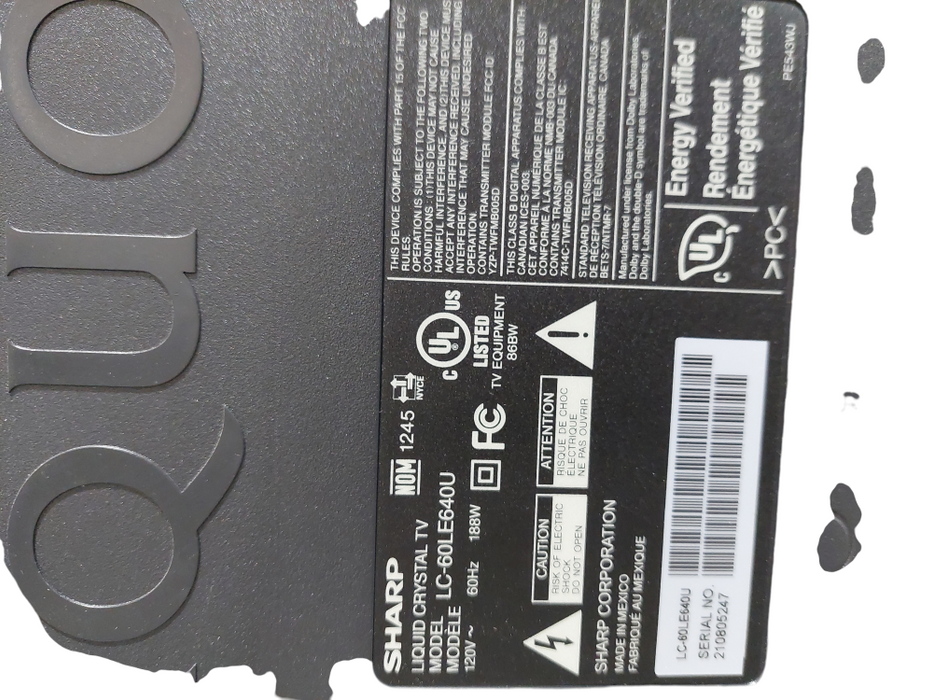 Sharp Aquos LCD 60" TV Model: LC-60LE640U =