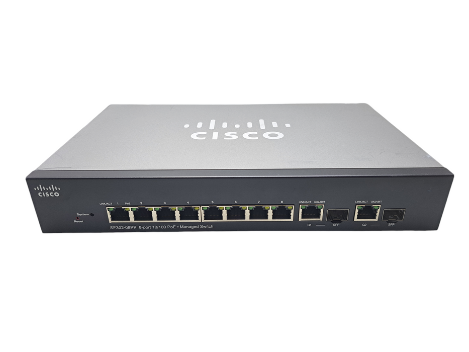 Cisco SF302-08PP-K9 | 8-Port 10/100 PoE+ Managed Network Switch