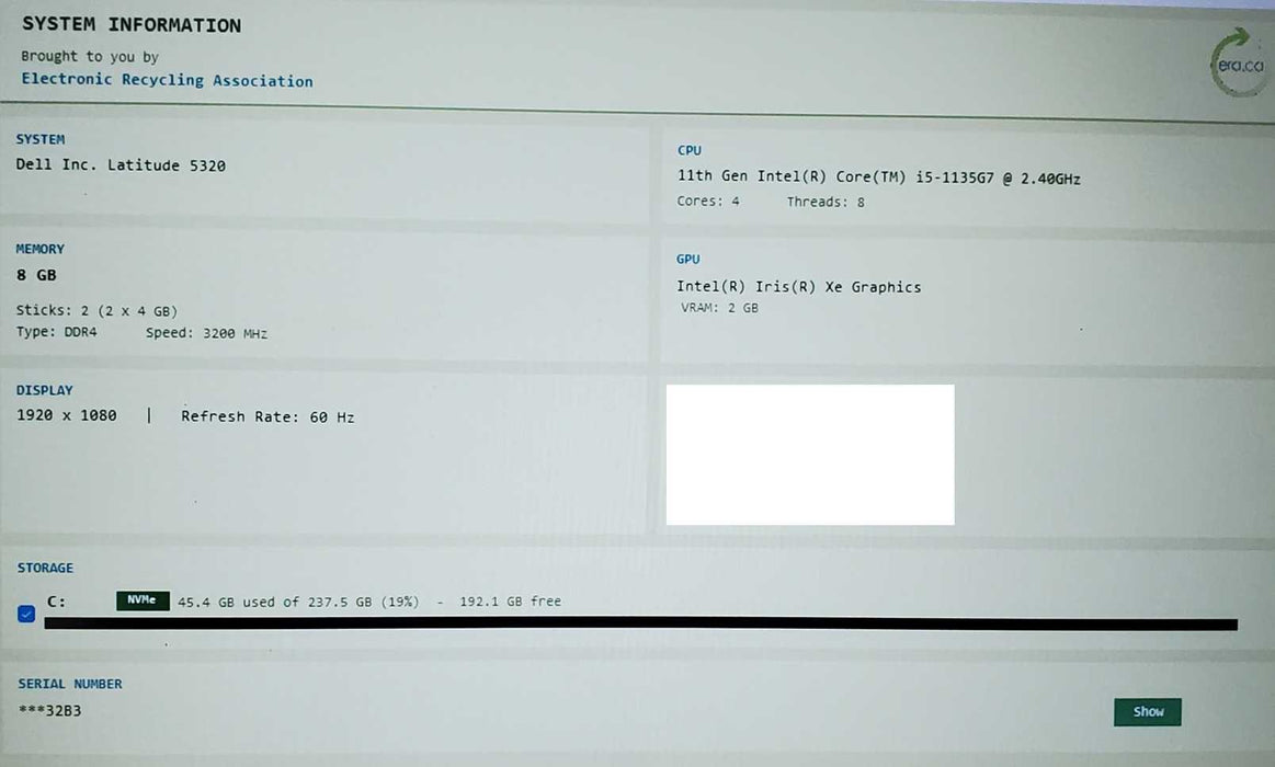Dell Latitude 13 5320 i5-1145G7 8GB RAM 256GB NVMe SSD READ  Lap200