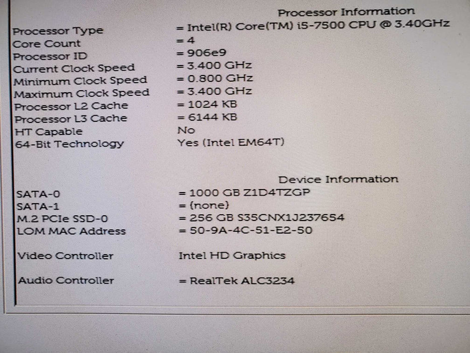 Dell Optiplex 3050 SFF PC i5-7500 @ 3.40GHz 8GB RAM 256GB nvme 1TB HDD