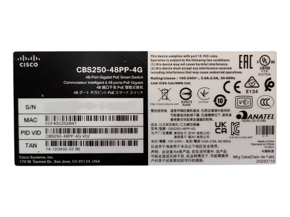 Cisco CBS250-48PP-4G 48-Port Gigabit PoE Smart Switch CBS250-48PP-4G