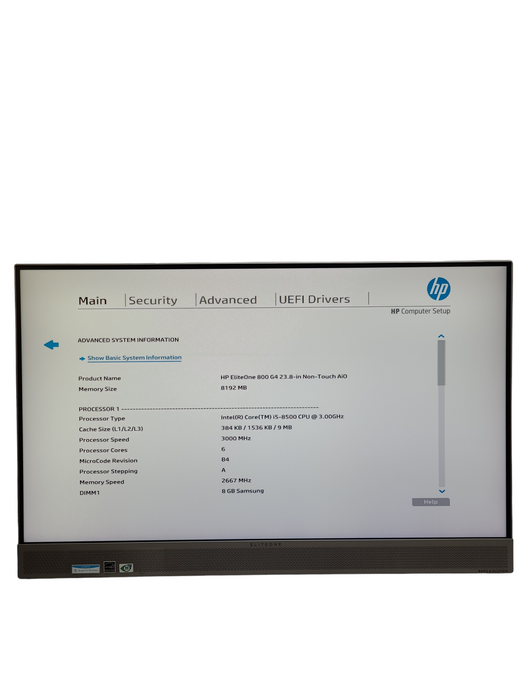 HP Eliteone 800 G4 23.8in AIO Intel i5-8500@3.00GHz 8GB NO-HDD/SSD, NO STAND