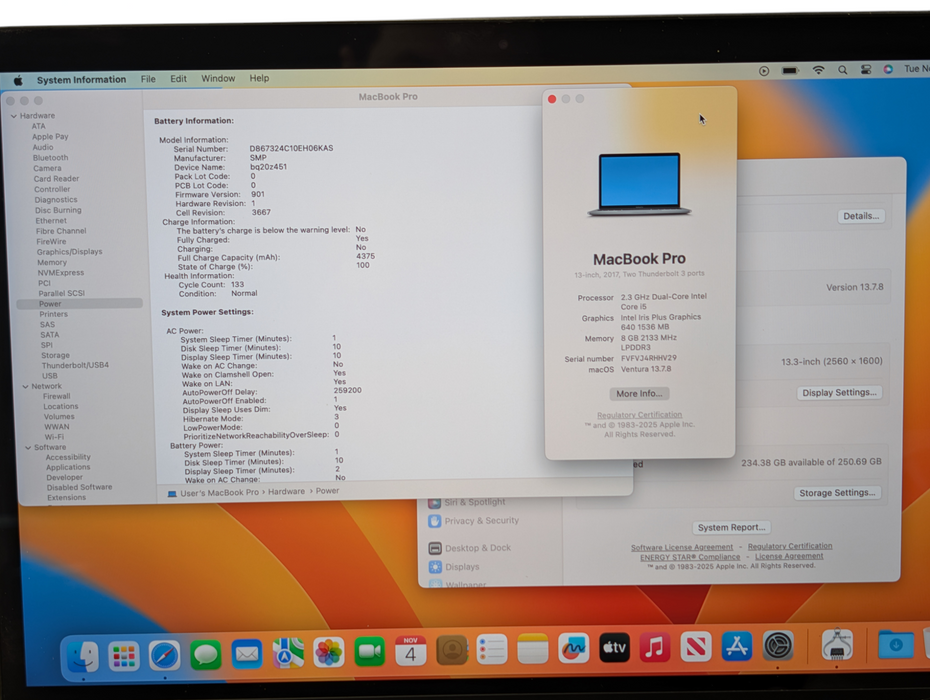 MacBook PRO 13-inch 2017 Intel i5-7360U 8GB RAM 250GB Storage READ  -