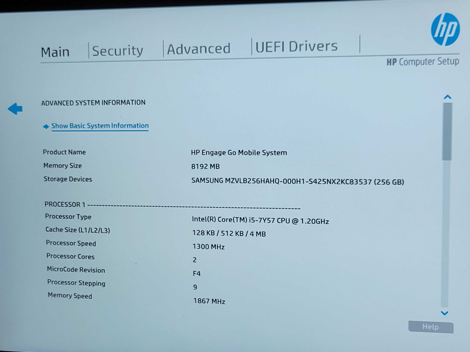 HP Engage Go Mobile System Core I5-7Y57 1.2GHz 8GB RAM, 256GB SSD _