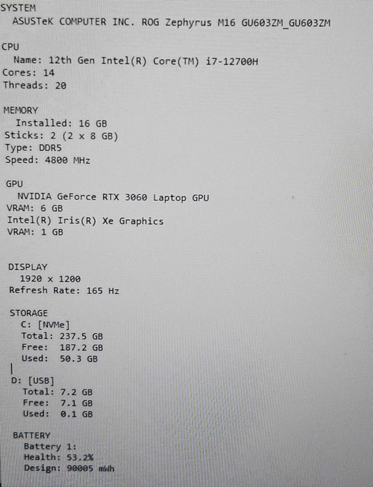 ASUS ROG Zephyrus M16 i7-12700H 16GB DDR5 RTX 3060 256GB NVMe PARTS/REPAIR  β Lap200