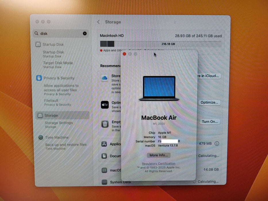 Apple MacBook Air M1 13.3" Late 2020 A2337 16GB DDR4 256GB SSD READ $