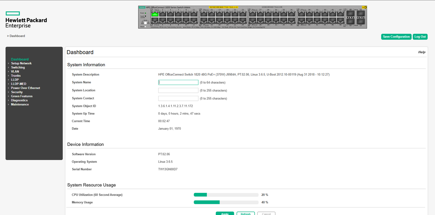 HPE OfficeConnect Switch 1820 48G PoE+ (370W) J9984A | Factory Reset
