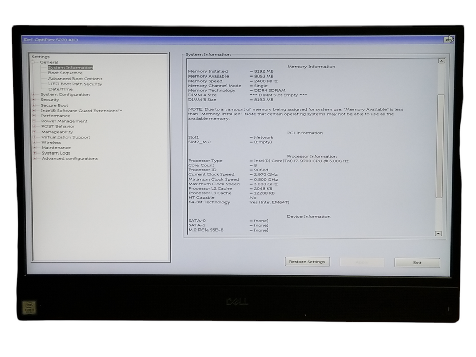 Dell OptiPlex 5270 AiO Intel i7-9700 CPU 3.00GHz 8GB No HDD