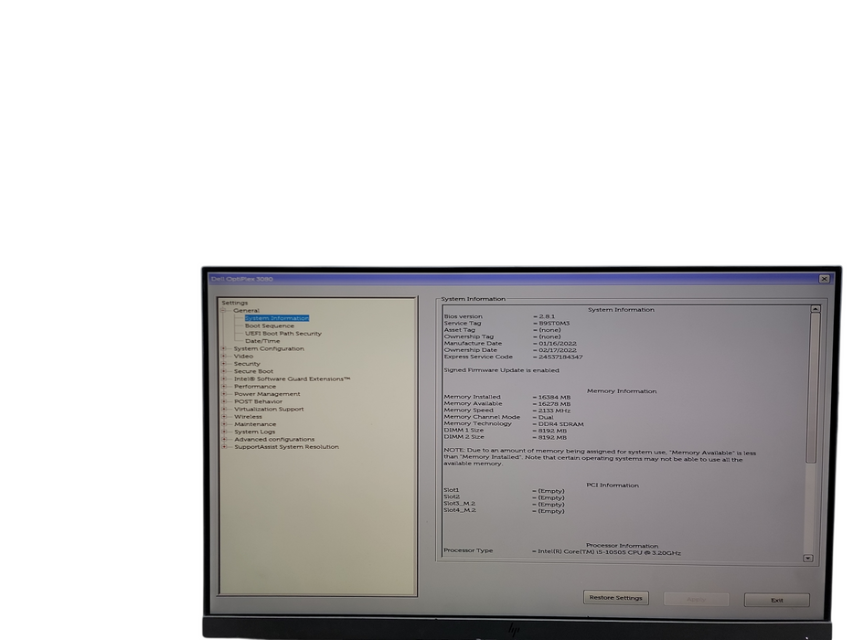 Dell OptiPlex 3080 SFF i5 - 10505 @ 3.20GHz 16GB DDR4 Ram NO HDD θ