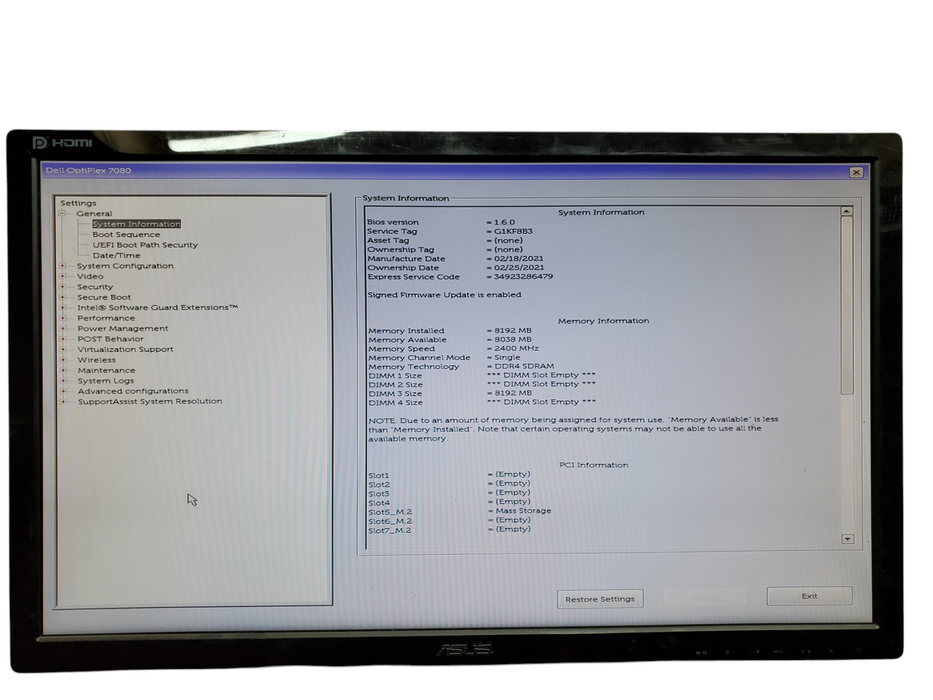 Dell Optiplex 7080 Tower, i7-10700K@3.80GHz, 8GB DDR4, 256GB NVMe, no OS