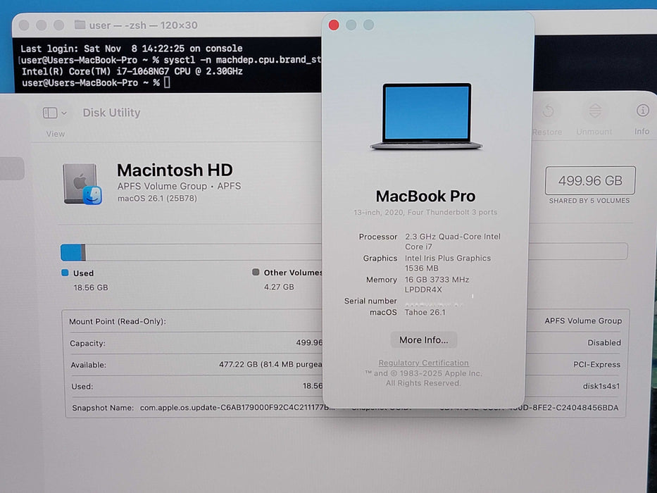 Apple Macbook Pro 2020 13" 4-Core i7-1068NG7 @ 2.3GHz 16GB DDR4 500GB SSD