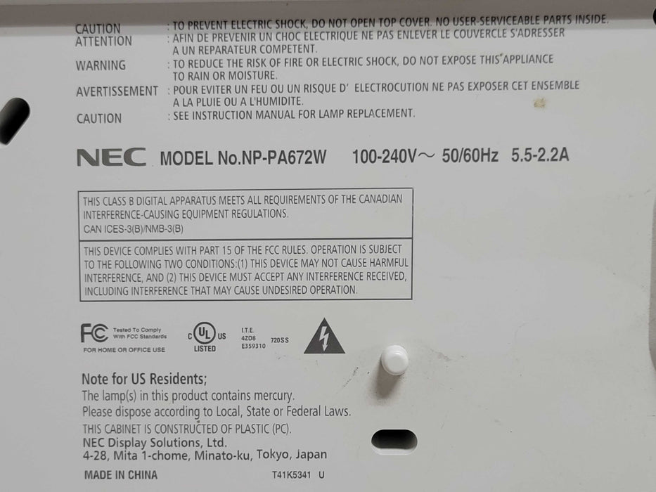 NEC PA672W NP-PA672W WXGA 1280 x 800 3LCD 6700 Lumens HDMI 1125 Hours Proje _