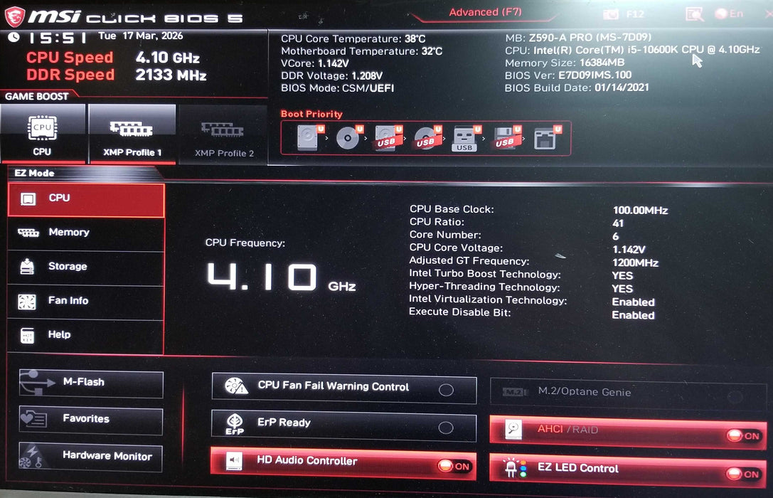 Msi Z590-A PRO Motherboard w/ Intel i5-10600K CPU 16GB RAM No HDD