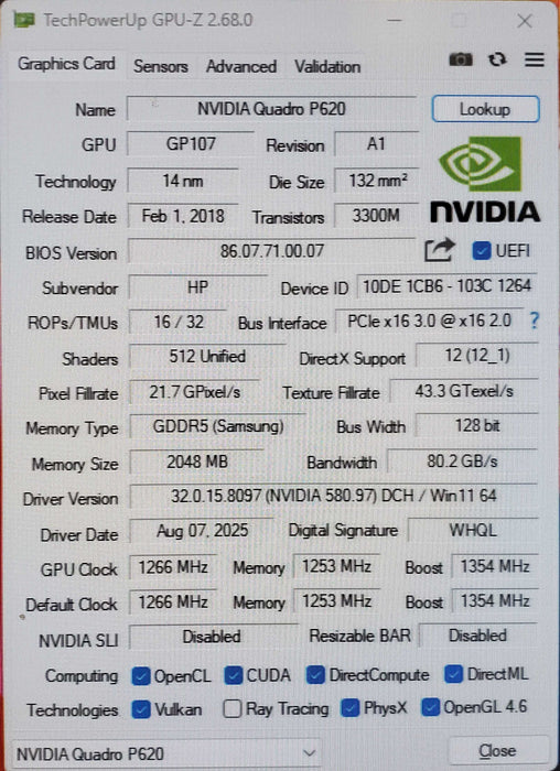 Nvidia Quadro P620 2GB GDDR5 Graphics Card