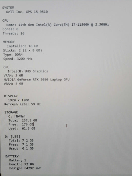 Dell XPS 15 9510 i7-11800H 16GB RAM RTX 3050 256GB NVMe β Lap200