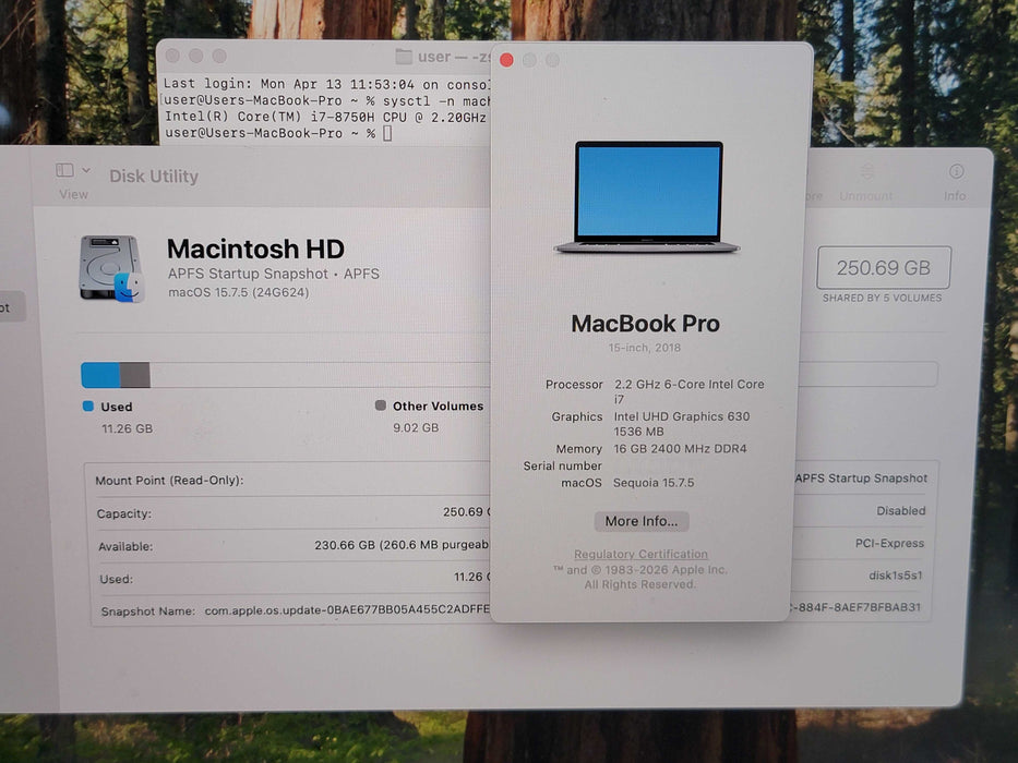 Apple Macbook pro 2018 15" 6-Core i7-8750H @ 2.2GHz 16GB DDR4 250GB SSD GPU (