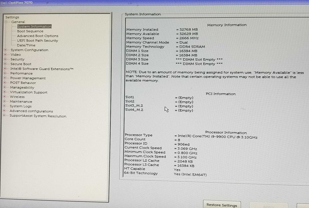 Dell OptiPlex 7070 SFF, Core i9-9900 CPU 3.10GHz, 32GB RAM - NO HDD Q