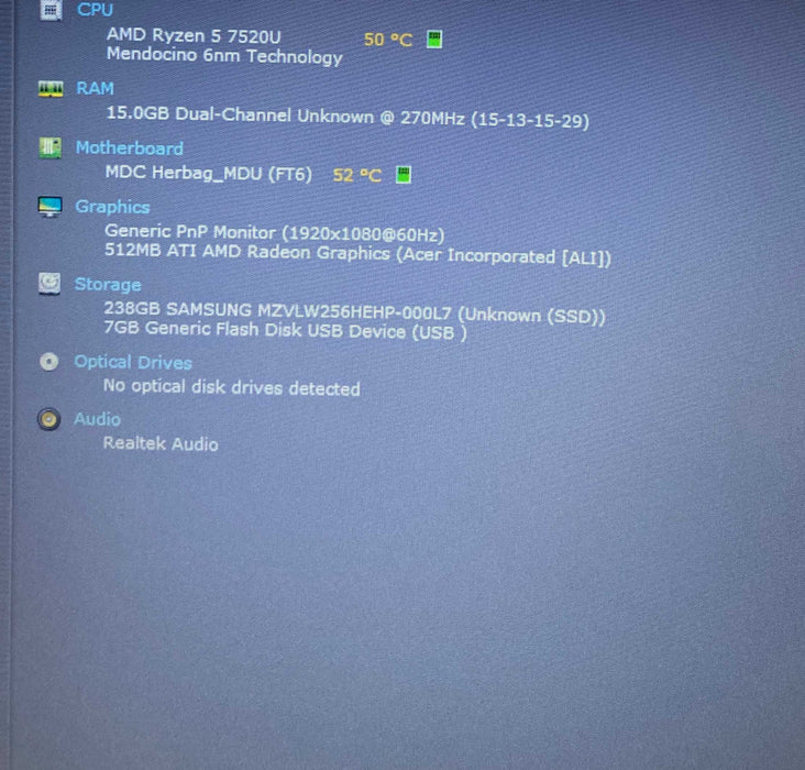 Acer Aspire 3 15-24P AMD Ryzen5-7520U@2.8GHz 16GB RAM 256GB SSD   Lap200