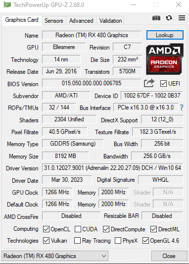 AMD Radeon RX 480 Reference Model 8GB GDDR5 Gaming Graphics Card