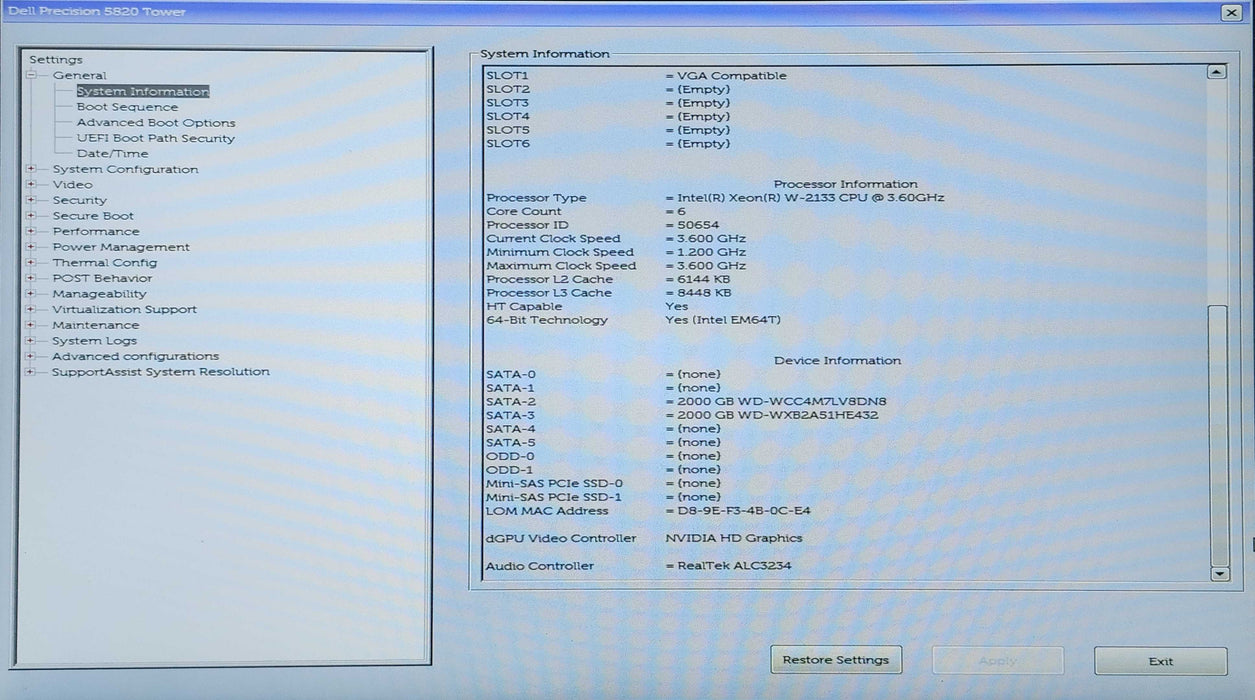 Dell Precision 5820 Tower, Xeon W-2133 3.60GHz, 32GB DDR4, P2000, 2x2TB HDD