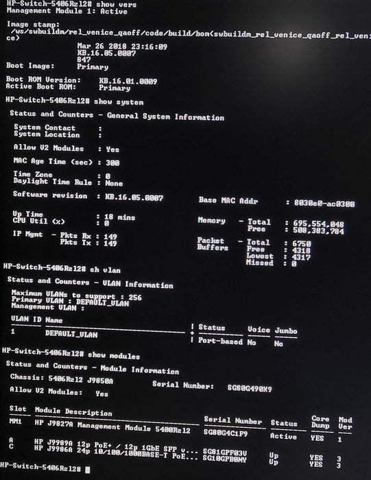 HP 5406 Rzl2 J9850A modular switch with 1x J9989A, 1x J9986A, and 2x PSU _