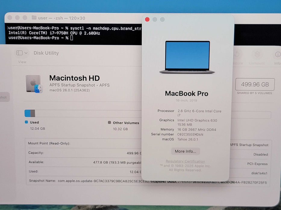 Apple Macbook Pro 2019 16" 6-Core i7-9750H @ 2.6GHz 16GB DDR4 500GB SSD