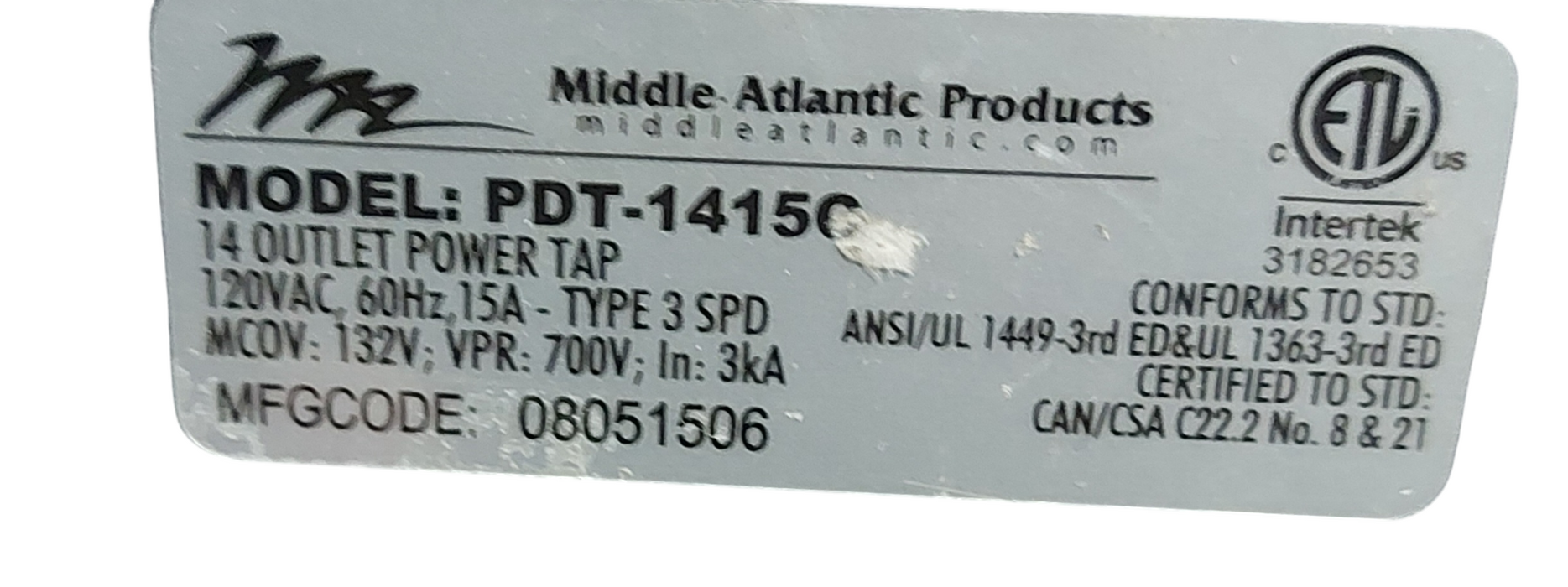 LOT 3x Middle Atlantic PDT‑1415C 15A 14‑Outlet Rack Power Strip