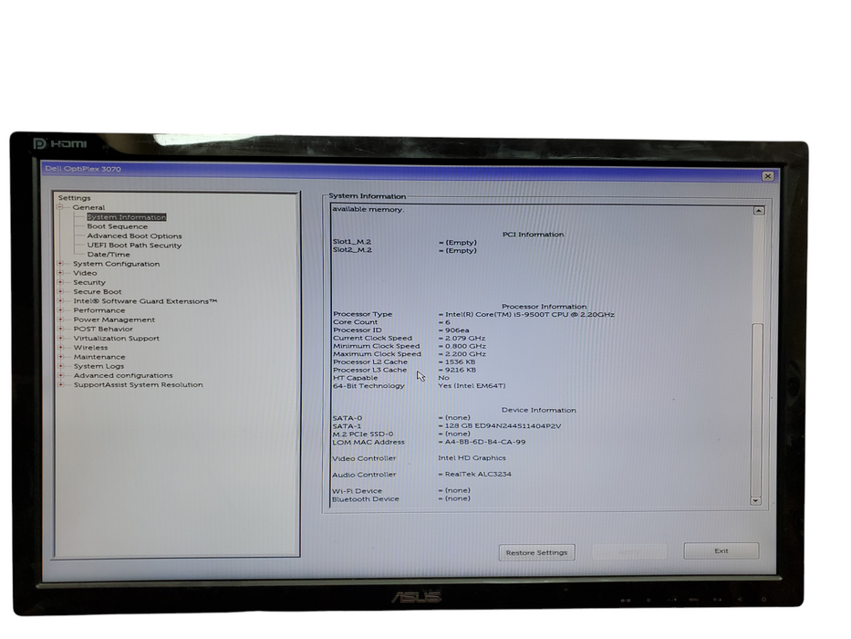 Dell OptiPlex 3070 USFF, i5-9500T, 8GB DDR4, 128GB SATA, No OS Q