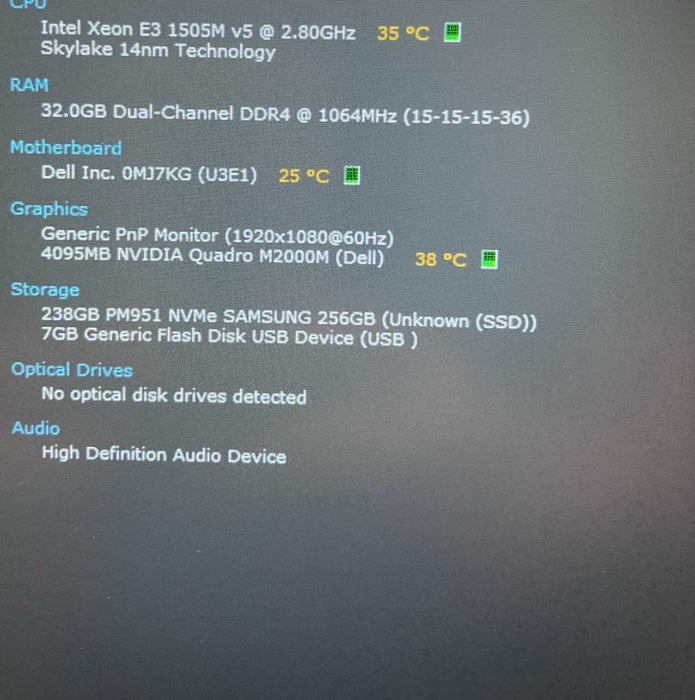 Dell Precision 7510 XEON E3-1505M v5 QUADRO M2000M 4GB GPU 32GB RAM 256SSD Q Lap200