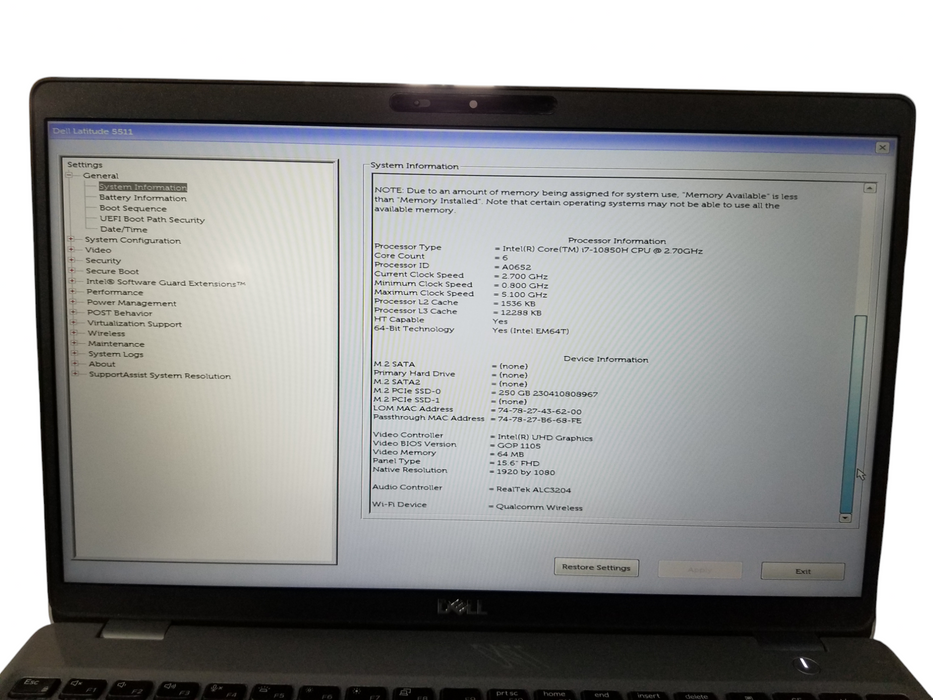 Dell Latitude 5511 Core i5-10850H @2.70GHz 16GB RAM 256GB NVMe w/Adapter   Lap200