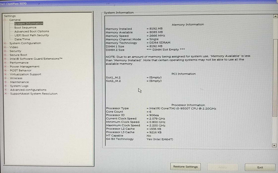 Dell Optiplex 3070 USFF, Intel i5-9500T CPU 2.20GHz, 8GB RAM - No HDD Q