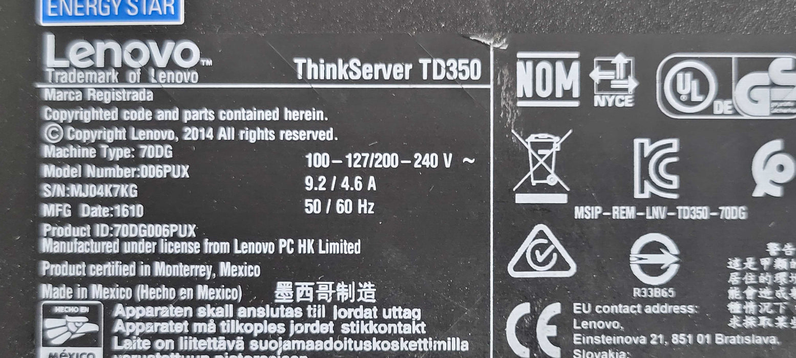 Lenovo ThinkServer TD350,  1x Xeon E5-2609v4 16GB DDR4, No HDD, No PSU, SEE _