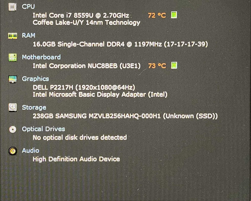 Intel NUC BOXNUC8i7BEH, i7-8559U 2.70GHz, 16GB DDR4, 256GB NVMe, No AC
