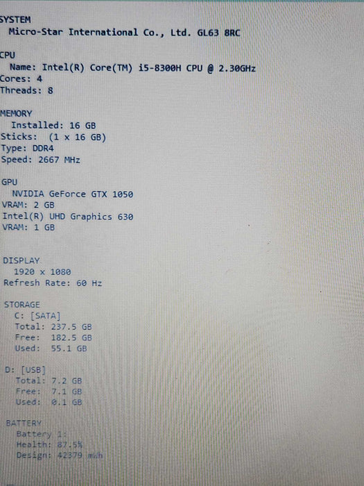 MSI GL63 8RC i5-8300H 16GB DDR4 GTX 1050 256GB SSD READ  β BudLap