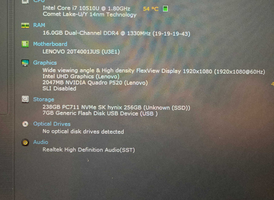 Lenovo ThinkPad P15s Gen 1 i7-10510U QUADRO P520 2GB GPU 16GB RAM 256GB SSD  Lap200