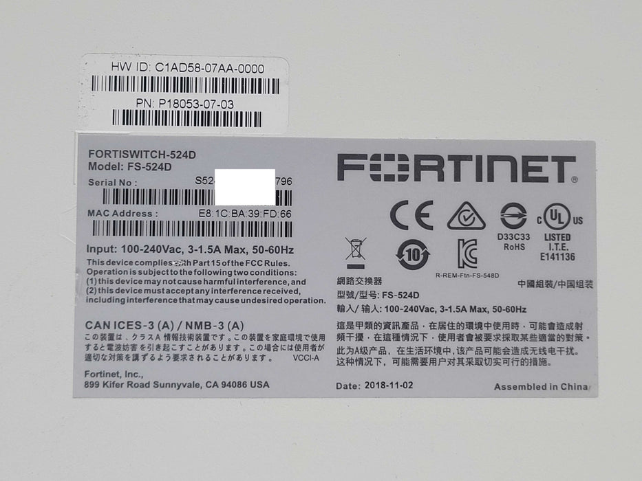 Fortinet FortiSwitch FS-524D Network Switch 24xGE RJ45 port, READ _