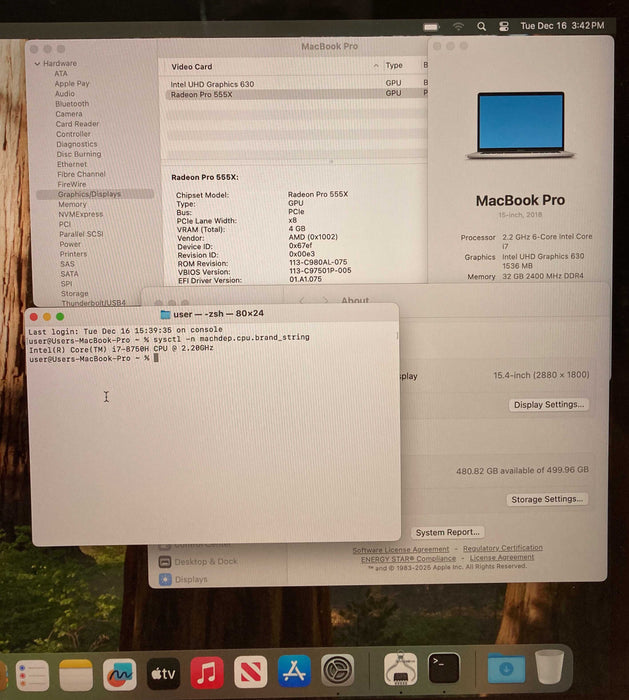 Apple MacBook Pro 15" 2018 i7-8750H 32GB 512SSD Radeon Pro 555X GPU READ