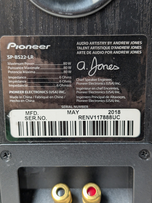 Pair of Pioneer SP-BS22-LR Andrew Jones 6 Ohm Bookshelf Speakers  -