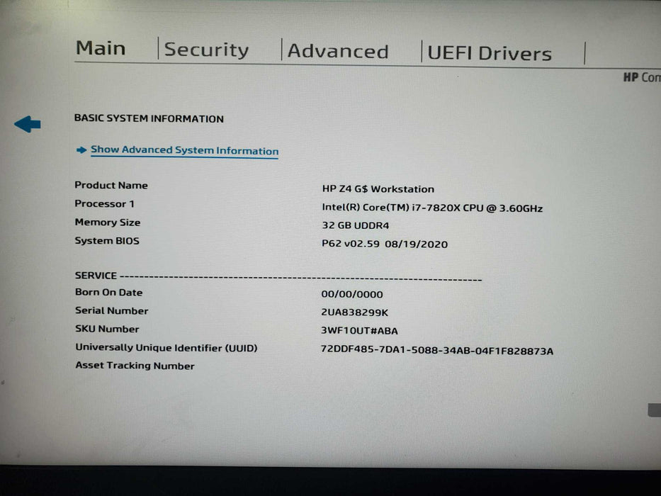 HP Z4 G4 WORKSTATION INTEL CORE i7-7820X @ 3.60GH 32GB RAM No HDD & GPU